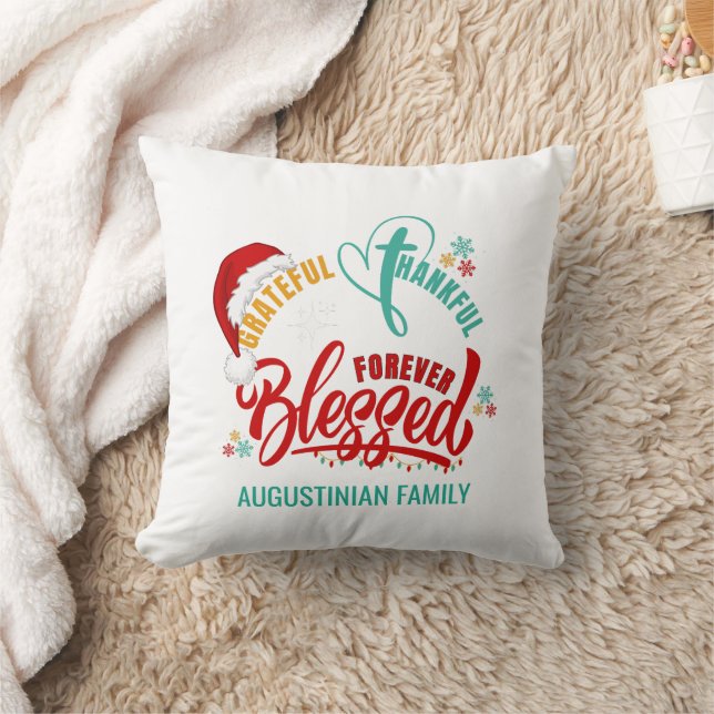 Christian GRATEFUL THANKFUL BLESSED Christmas Name Throw Pillow (Blanket)