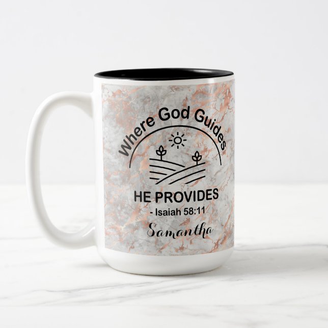 Christian Gray Beige Marble Where God Guides Two-Tone Coffee Mug (Left)