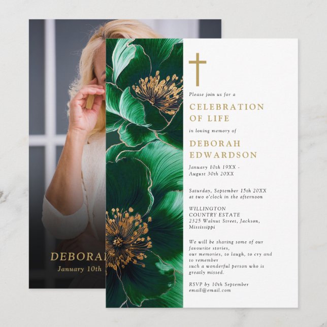 Christian Green Floral Celebration Of Life Photo Invitation (Front/Back)
