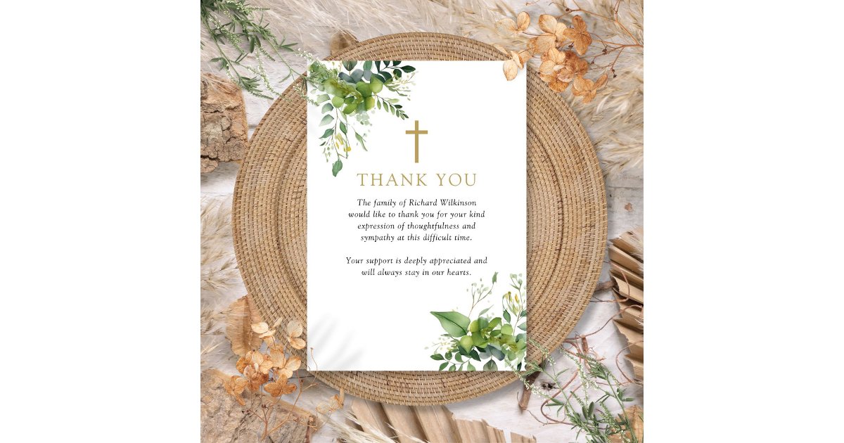 Christian Greenery Celebration Of Life Funeral Thank You Card | Zazzle