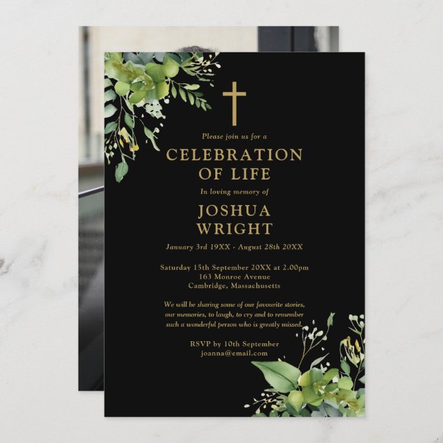 Christian Greenery Memorial Funeral Photo Invitation (Front/Back)