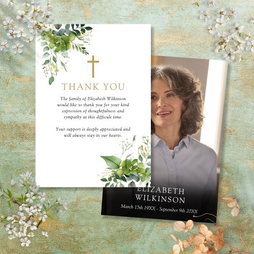 Christian Greenery Memorial Funeral Photo Thank You Card