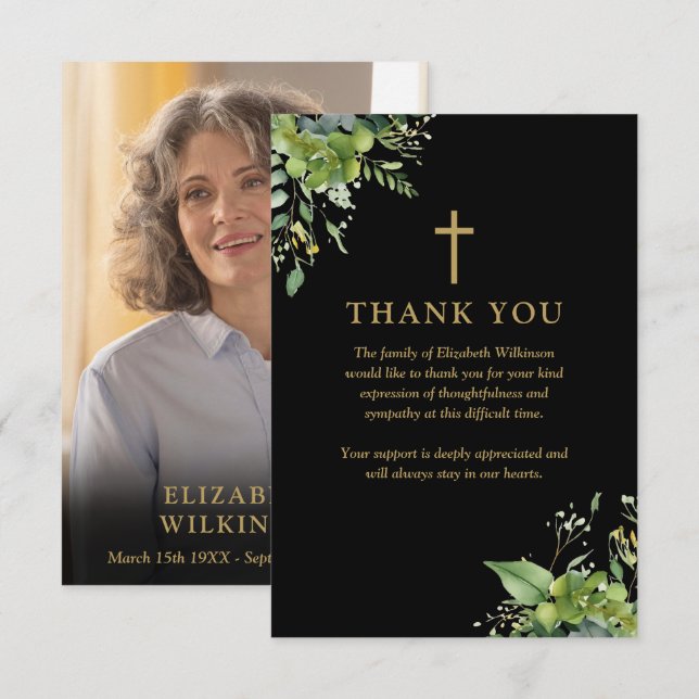 Christian Greenery Memorial Funeral Photo Thank You Card (Front/Back)