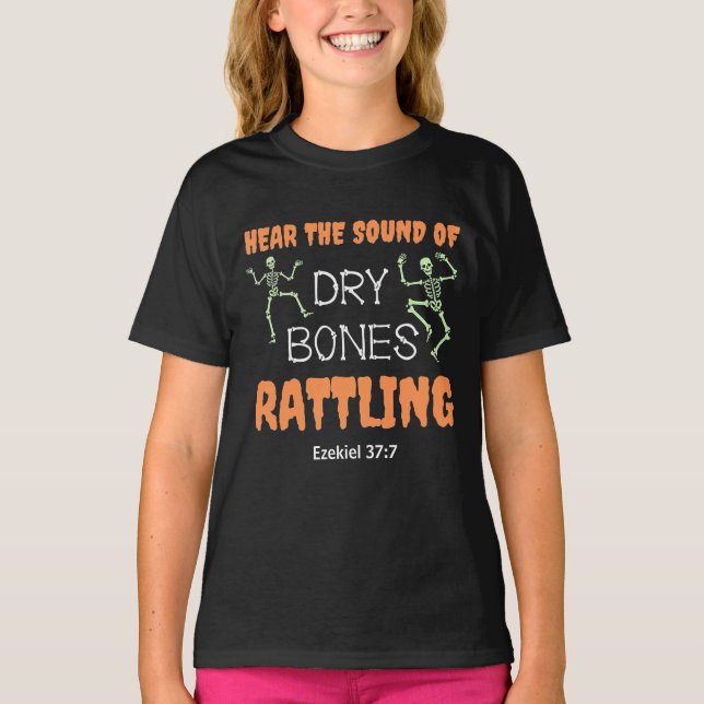 Christian Halloween DRY BONES RATTLING Kids T-Shirt (Front)