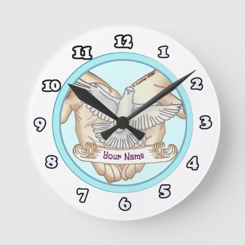 Christian Hands Dove custom name Round Clock