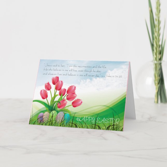 Christian Happy Easter Bible Verse Tulips & Clouds Holiday Card (Front)