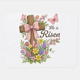 Christian- He is Risen Floral Cross Religious Baby Blanket