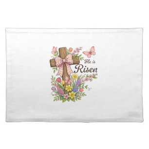 Christian- He is Risen Floral Cross Religious East Cloth Placemat
