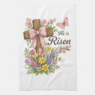 Christian- He is Risen Floral Cross Religious  Kitchen Towel