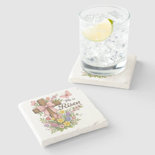 Christian- He is Risen Floral Cross Religious Stone Coaster