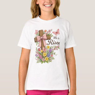 Christian- He is Risen Floral Cross Religious T-Shirt