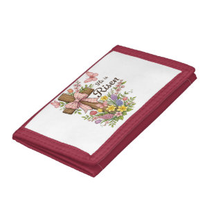 Christian- He is Risen Floral Cross Religious Tri-fold Wallet