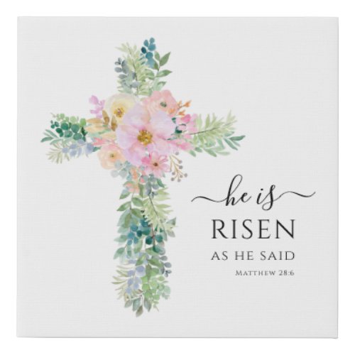 Christian He is Risen Greenery Watercolor Cross Fa Faux Canvas Print