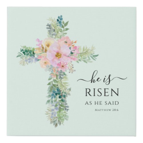 Christian He is Risen Greenery Watercolor Cross Faux Canvas Print