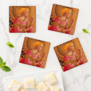 Christian Holy Angel Pink Dress Golden Yellow Halo Coaster Set