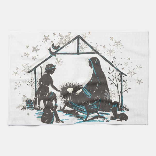 Christian Holy Baby Jesus Christmas Nativity Scene Kitchen Towel (Horizontal)