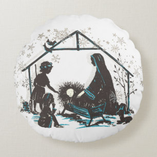 Christian Holy Baby Jesus Christmas Nativity Scene Round Pillow