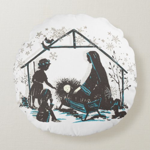 Christian Holy Baby Jesus Christmas Nativity Scene Round Pillow