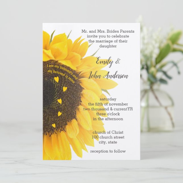 Christian I Am My Beloved Sunflower Wedding  Invitation (Standing Front)
