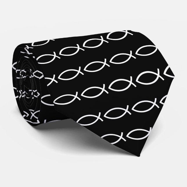  Christian Ichthys Jesus Fish Black Neck Tie (Rolled)