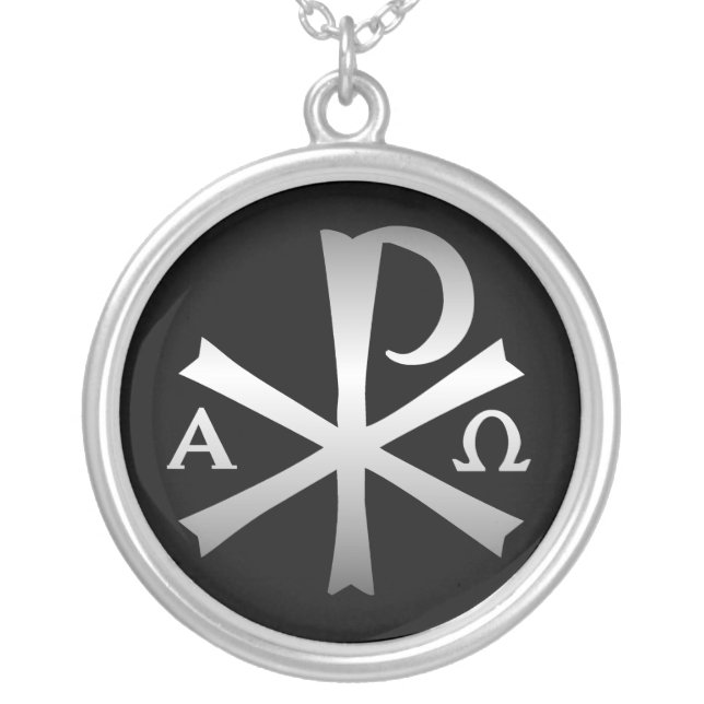 Christian Icon Labarum with Alpha and Omega Silver Plated Necklace (Front)