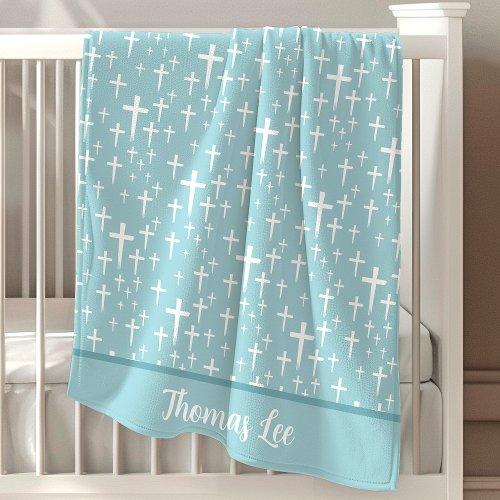 Christian Jesus Crosses Blue Personalized Baby Blanket