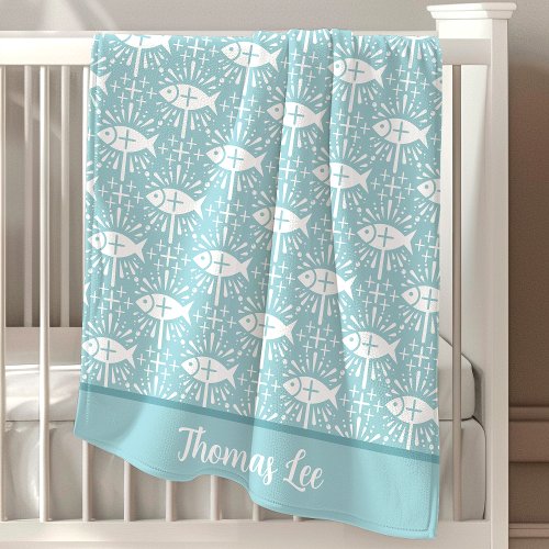 Christian Jesus Fish Blue Personalized Baby Blanket