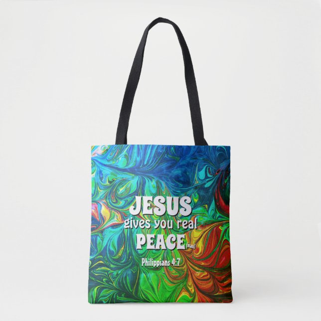Christian JESUS GIVES REAL PEACE Abstract Cyan Tote Bag (Front)
