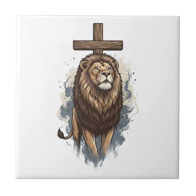 Christian Lion and Cross Vintage Ceramic Tile (Front)