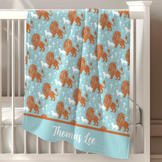 Christian Lion And Lamb Blue Personalized Baby Blanket (Creator Uploaded)