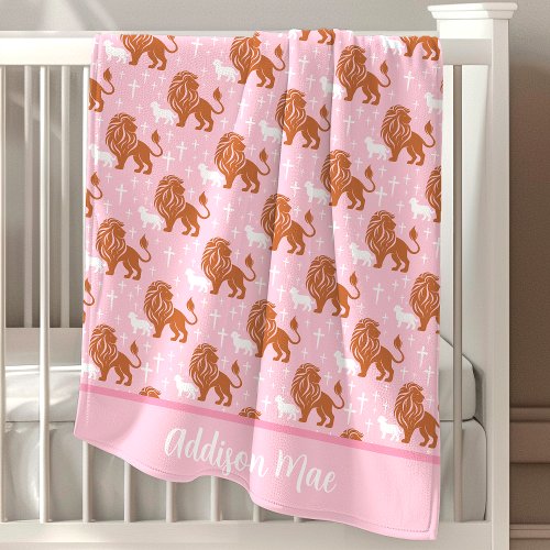 Christian Lion And Lamb Pink Personalized Baby Blanket