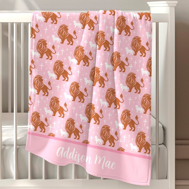 Christian Lion And Lamb Pink Personalized Baby Blanket (Creator Uploaded)