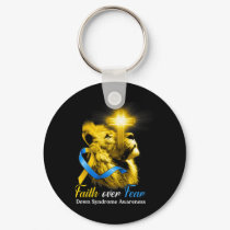 Christian Lion Cross Faith Over Fear Down Syndrome Keychain