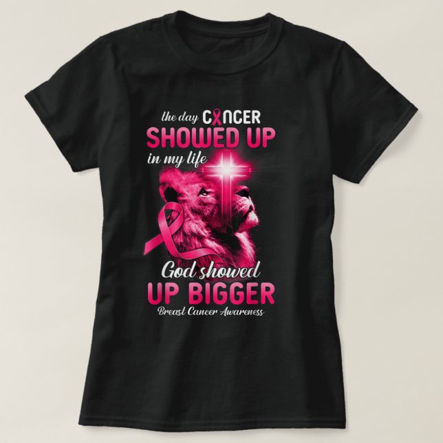 Christian Lion Cross Pink Ribbon Breast Cancer Awa T-Shirt (Design Front)
