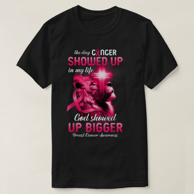 Christian Lion Cross Pink Ribbon Breast Cancer Awa T-Shirt (Design Front)