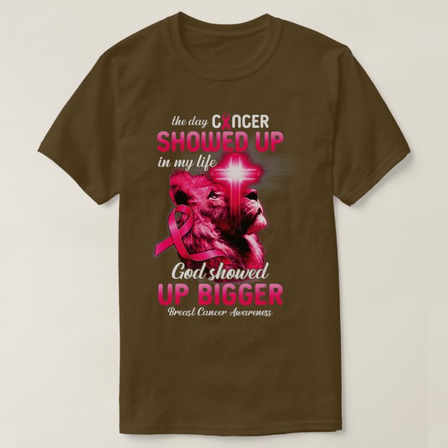 Christian Lion Cross Pink Ribbon Breast Cancer Awa T-Shirt (Design Front)