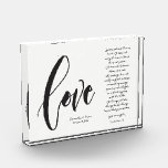 Christian Love is Patient Names Wedding date Photo Block<br><div class="desc">Personalize this modern and elegant 'Love" Script with the famous wedding  bible passage from Corinthians 13 Love is Patient,  Love is kind... 
Give a memorable,  thoughtful keepsake for the newlyweds with this custom photo block.</div>