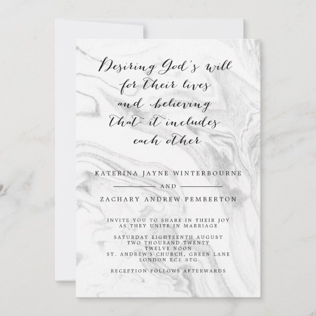 Christian Marble Elegant Script Wedding Invitation (Front)