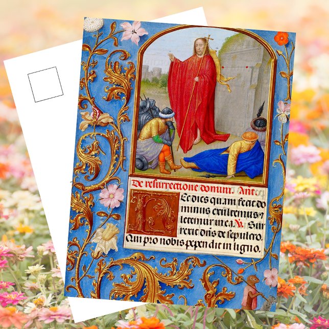 Christian Medieval Manuscript Resurrection Easter Holiday Postcard (Easter Religious Christian Catholic Floral Medieval Manuscript Jesus Resurrection Holiday Postcard)