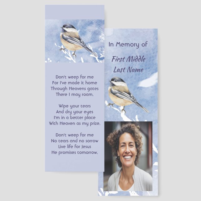 Christian Memorial Chickadee Bird Winter Snow Tree Bookmarks (Front & Back)