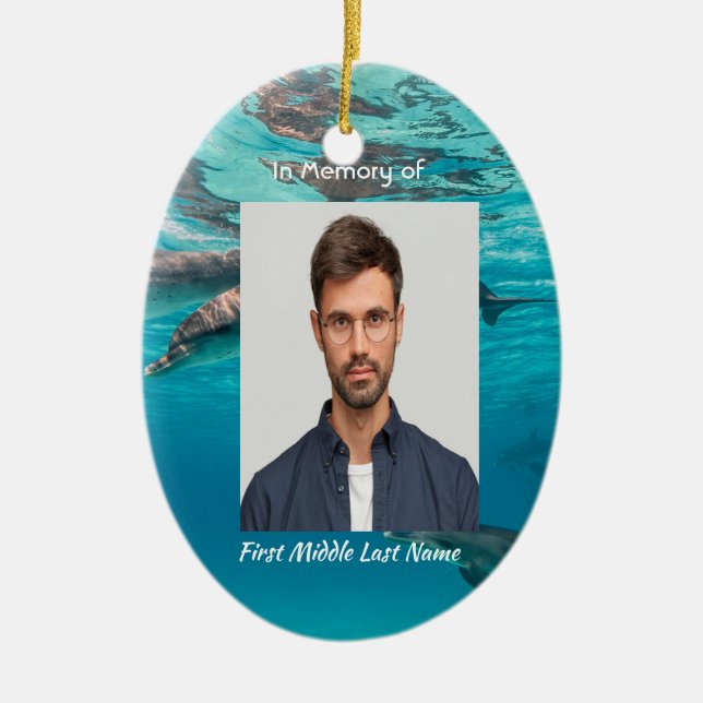 Christian Memorial Dolphins Underwater Ocean Ceramic Ornament (Front)