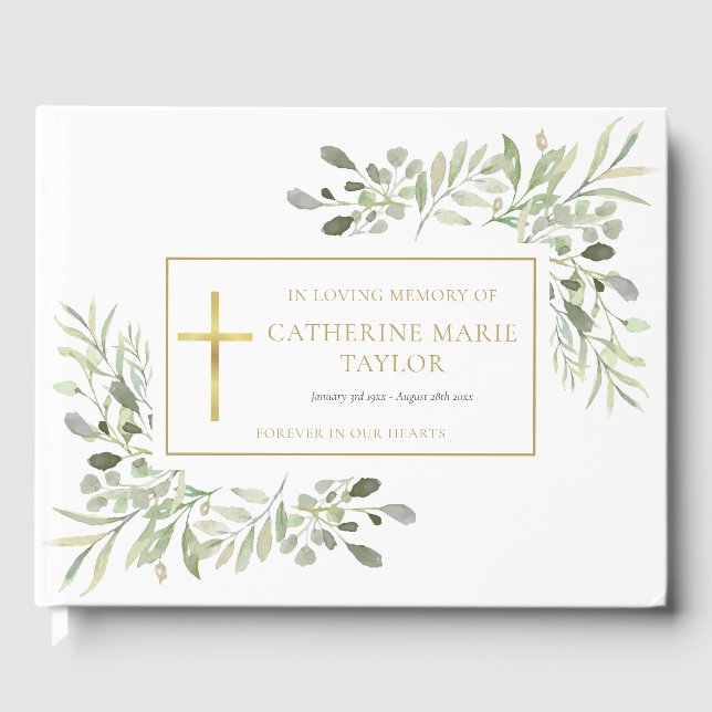 Christian Memorial Funeral Greenery Floral Guest Book (Front)
