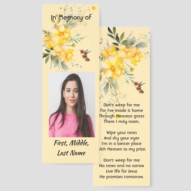 Christian Memorial Hummingbird Yellow Roses Bookmarks (Front & Back)