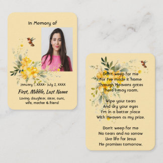 Christian Memorial Hummingbird Yellow Roses  Business Card