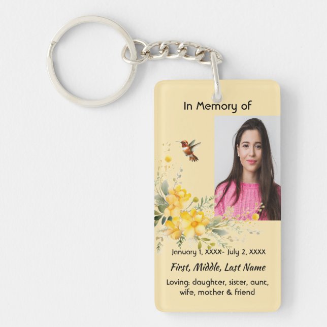 Christian Memorial  Hummingbird Yellow Roses  Keychain (Front)