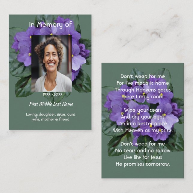 Christian Memorial Keepsake African Violet Business Card (Front/Back)