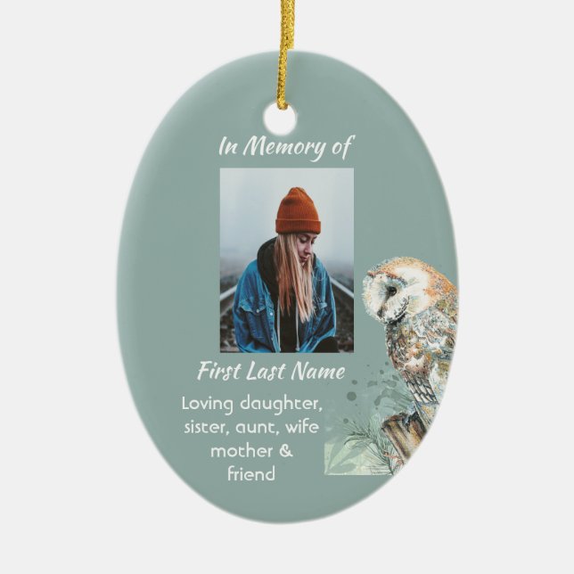 Christian Memorial Keepsake Barn Owl Bird Ceramic Ornament (Front)