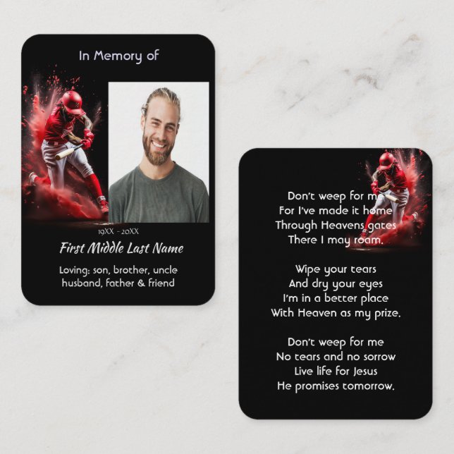 Christian Memorial Keepsake Baseball Softball  Business Card (Front/Back)