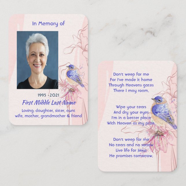 Christian Memorial Keepsake  Bluebird Garden  Business Card (Front/Back)