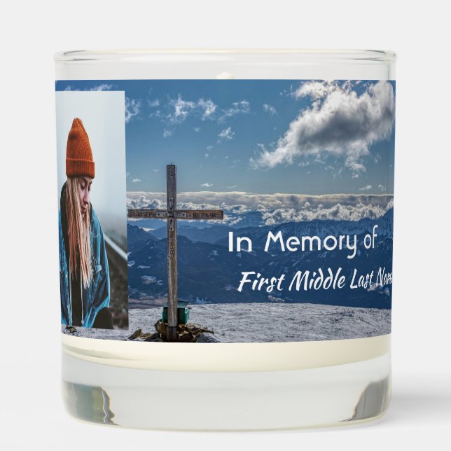 Christian Memorial Keepsake crucifix cross snow Scented Candle (Front)
